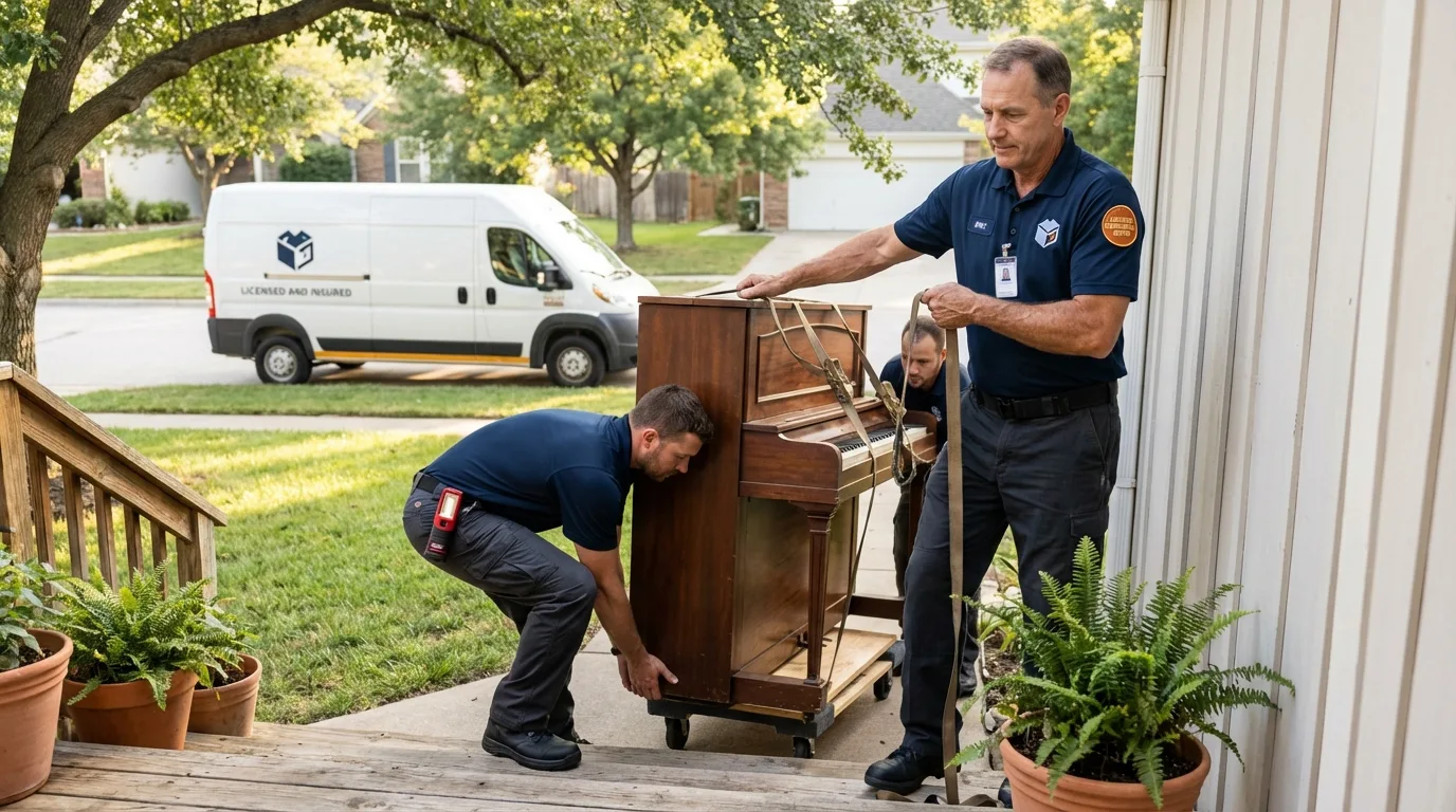 Licensed piano movers securing grand piano in Lake Grove, NY