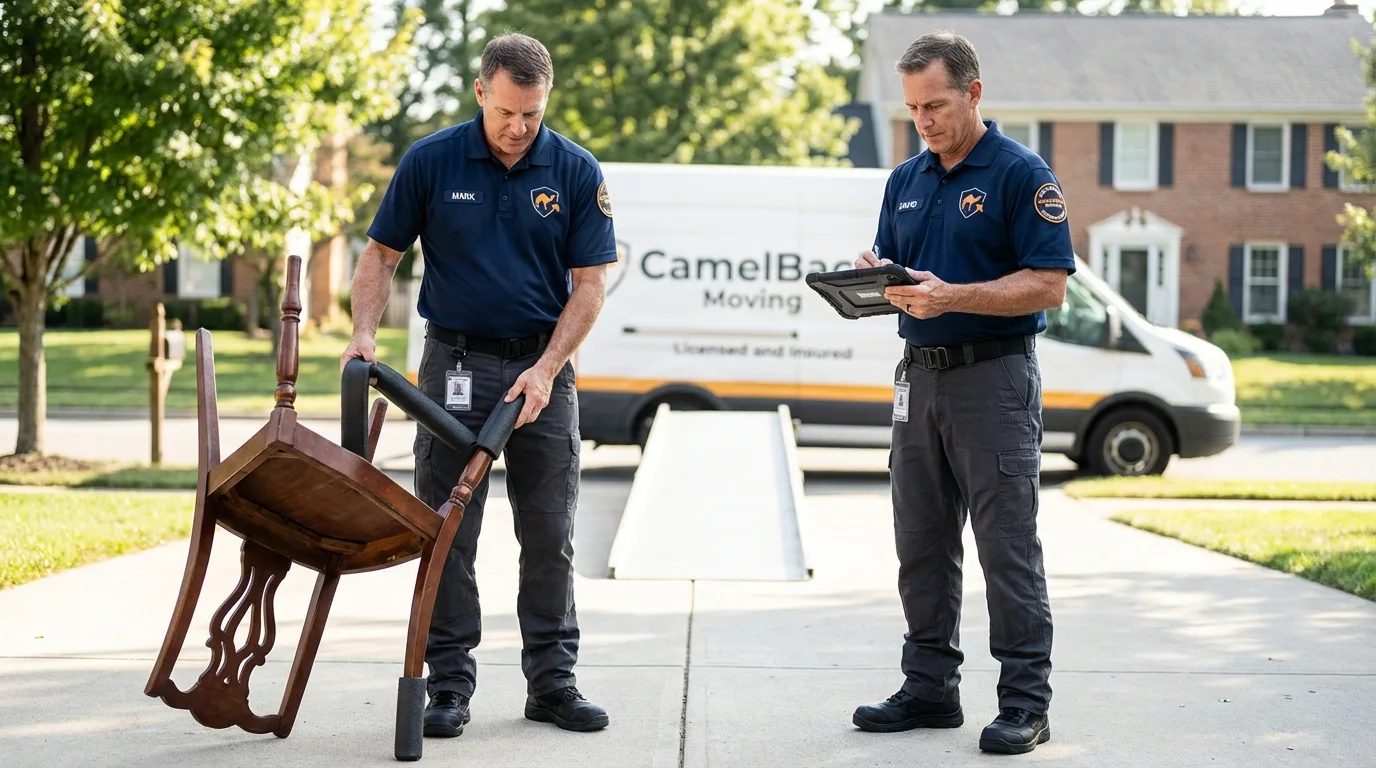 Movers inspecting furniture for damage prevention before loading in Lake Grove, NY