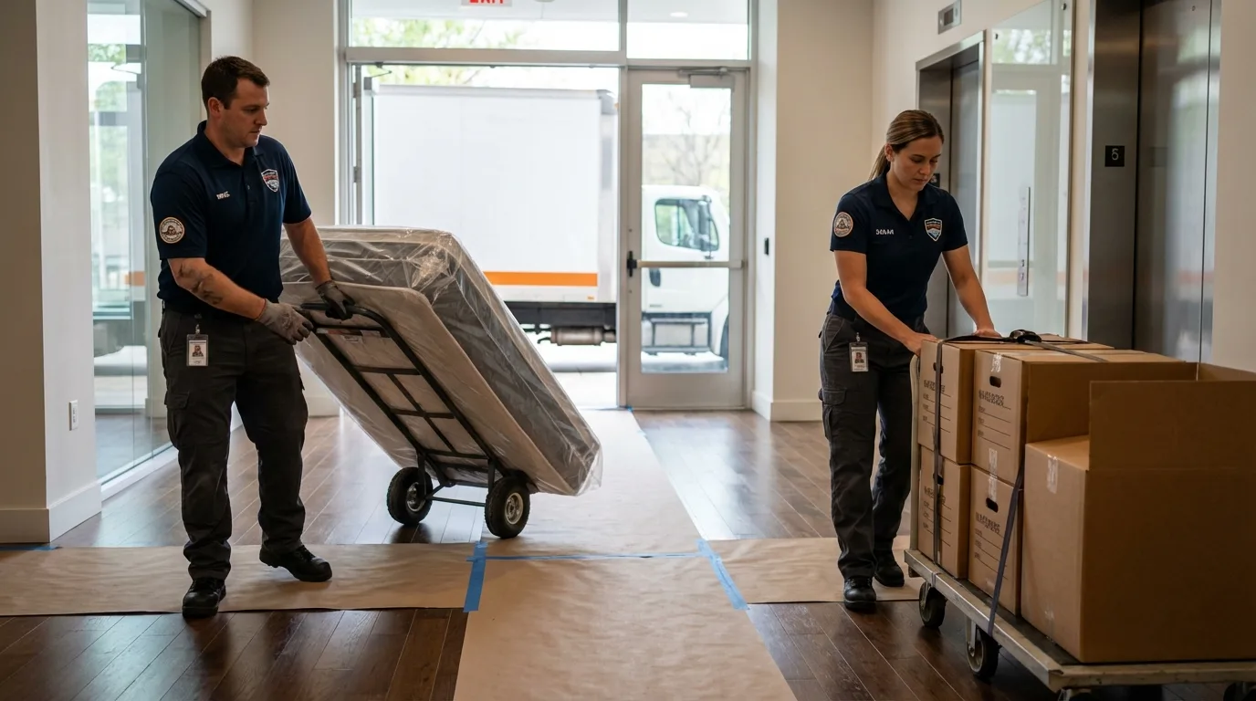 Professional apartment movers loading elevator in Lake Grove, NY