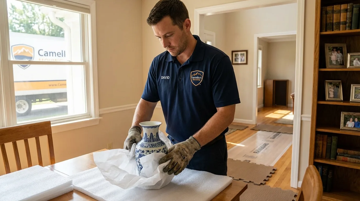 Professional crew carefully wrapping antique vase for senior downsizing move in Lake Grove, NY