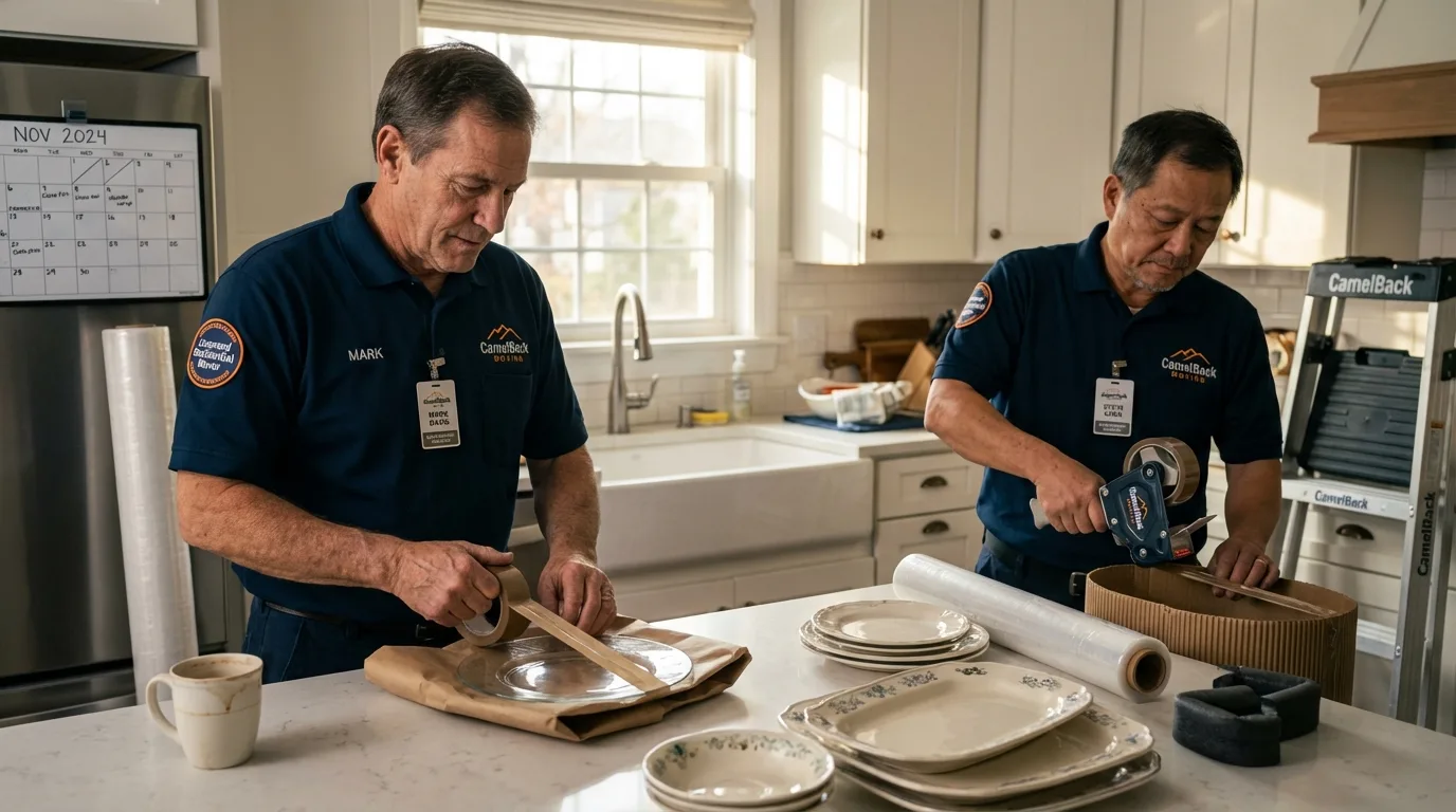 Professional crew packing kitchen dishware in Lake Grove, NY